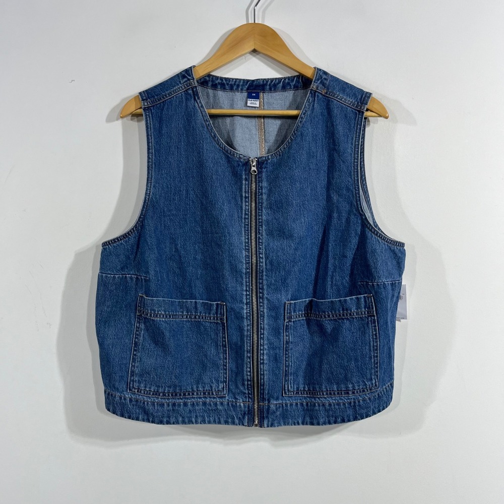 Old Navy Western Cottagecore Boho Denim Chore Vest Medium Wash Full Zip Utility